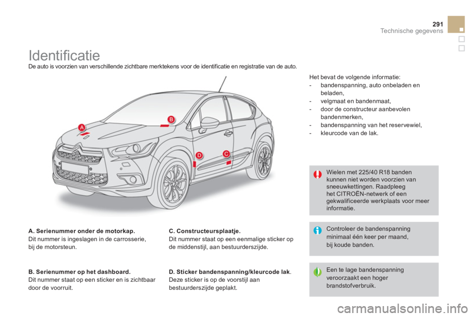 CITROEN DS4 2013  Instructieboekjes (in Dutch) 291Technische gegevens
   
 
 
 
 
 
 
 
 
 
 
 
 
 
 
 
 
Identiﬁ catie  
De auto is voorzien van verschillende zichtbare merktekens voor de identificatie en registratie van de auto. 
A. Serienumme