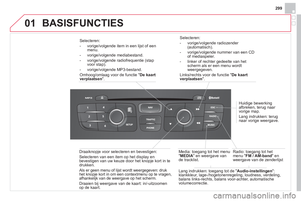 CITROEN DS4 2013 Instructieboekjes (in Dutch) 299
01
Selecteren:
- vori
ge/volgende radiozender (automatisch).
- vori
ge/volgende nummer van een CDof mediaspeler.
- linker of rechter
gedeelte van hetscherm als er een menu wordtweergegeven. CITROEN DS4 2013 Instructieboekjes (in Dutch) 299
01
Selecteren:
- vori
ge/volgende radiozender (automatisch).
- vori
ge/volgende nummer van een CDof mediaspeler.
- linker of rechter
gedeelte van hetscherm als er een menu wordtweergegeven.