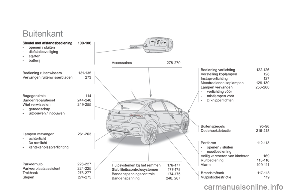 CITROEN DS4 2011 Instructieboekjes (in Dutch) Buitenkant
- openen / sluiten
- diefstalbeveiliging
- starten
- batterij
Bediening verlichting 12 2-126
Ver stelling koplampen 128
Instapverlichting 127
Meedraaiende koplampen 12 CITROEN DS4 2011 Instructieboekjes (in Dutch) Buitenkant
- openen / sluiten
- diefstalbeveiliging
- starten
- batterij
Bediening verlichting 12 2-126
Ver stelling koplampen 128
Instapverlichting 127
Meedraaiende koplampen 12
