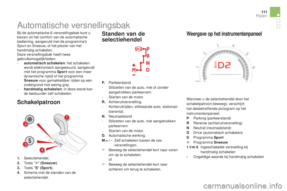 CITROEN DS5 2016 Instructieboekjes (in Dutch) 111
DS5_nl_Chap04_conduite_ed02-2015
Weergave op het instrumentenpaneel
Wanneer u de selectiehendel door het
schakelpatroon beweegt, verschijnt
het desbetreffende pictogram op het
instrumentenpanee CITROEN DS5 2016 Instructieboekjes (in Dutch) 111
DS5_nl_Chap04_conduite_ed02-2015
Weergave op het instrumentenpaneel
Wanneer u de selectiehendel door het
schakelpatroon beweegt, verschijnt
het desbetreffende pictogram op het
instrumentenpanee