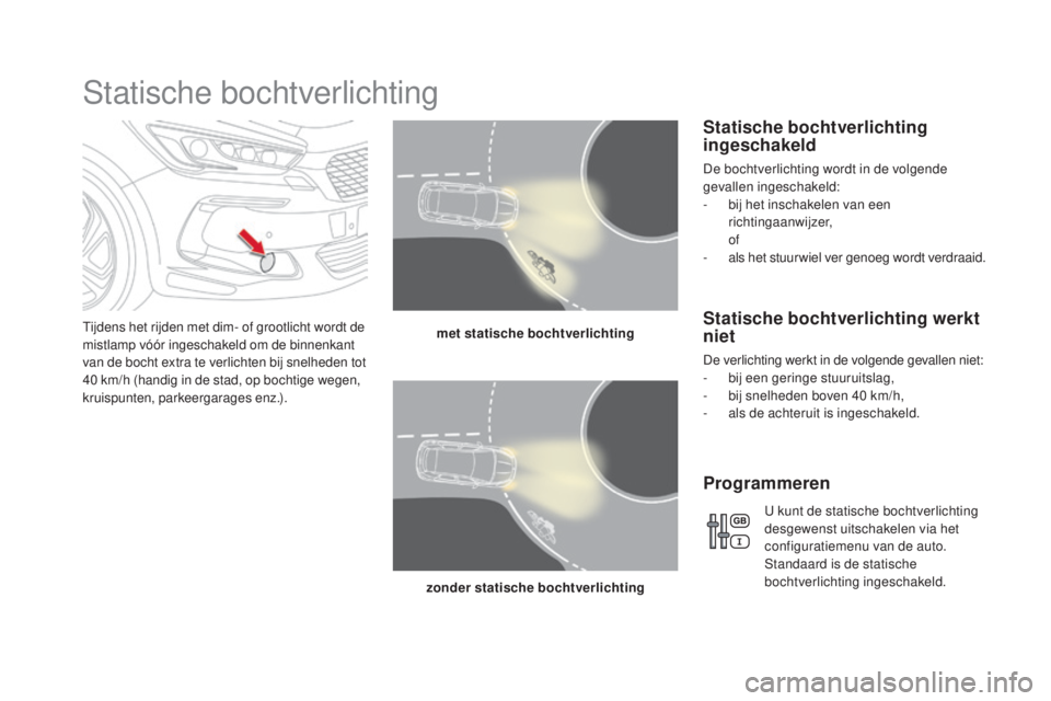 CITROEN DS5 2016 Instructieboekjes (in Dutch) DS5_nl_Chap05_visibilite_ed02-2015
Statische bochtverlichting
Tijdens het rijden met dim- of grootlicht wordt de
mistlamp vóór ingeschakeld om de binnenkant
van de bocht extra te verlichten bij sn CITROEN DS5 2016 Instructieboekjes (in Dutch) DS5_nl_Chap05_visibilite_ed02-2015
Statische bochtverlichting
Tijdens het rijden met dim- of grootlicht wordt de
mistlamp vóór ingeschakeld om de binnenkant
van de bocht extra te verlichten bij sn