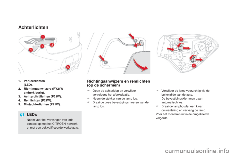CITROEN DS5 2016 Instructieboekjes (in Dutch) DS5_nl_Chap08_info-pratiques_ed02-2015
1. Parkeerlichten (
LED).
2.
R
ichtingaanwijzers (PY21W
amberkleurig).
3.
A
chteruitrijlichten (P21W).
4.
R
emlichten (P21W).
5.
M
istachterlichten (P2 CITROEN DS5 2016 Instructieboekjes (in Dutch) DS5_nl_Chap08_info-pratiques_ed02-2015
1. Parkeerlichten (
LED).
2.
R
ichtingaanwijzers (PY21W
amberkleurig).
3.
A
chteruitrijlichten (P21W).
4.
R
emlichten (P21W).
5.
M
istachterlichten (P2