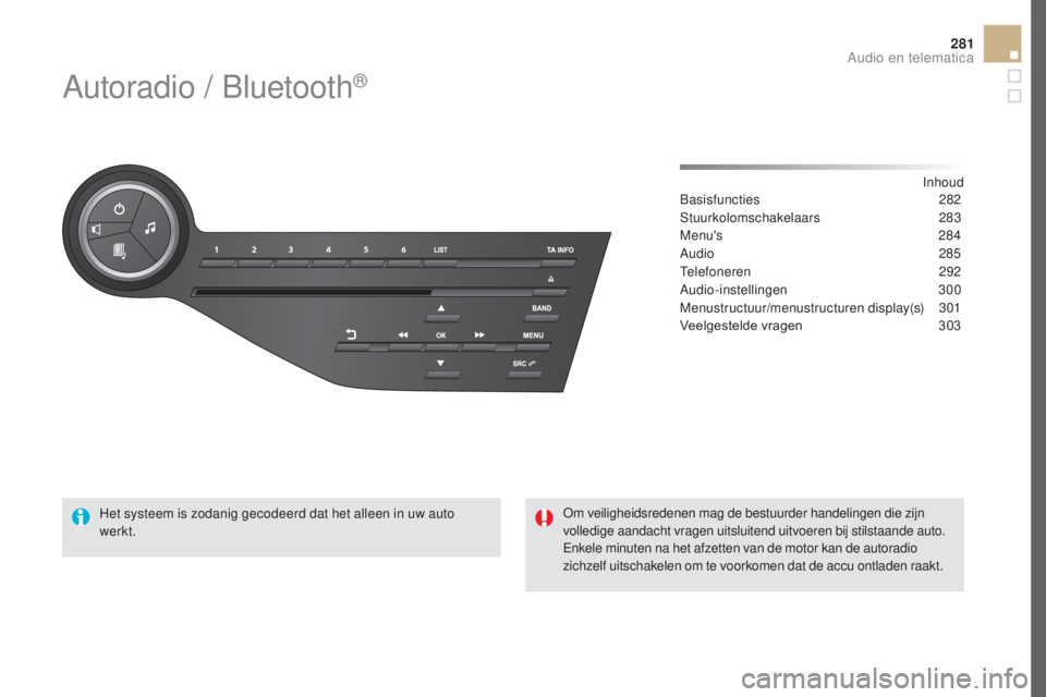 CITROEN DS5 2016  Instructieboekjes (in Dutch) 281
DS5_nl_Chap11d_RD5_ed02-2015
Autoradio / Bluetooth®
Inhoud
Basisfuncties 2 82
Stuurkolomschakelaars
 

283
Menu's
 

284
Audio
 

285
Telefoneren
 

292
Audio-instellingen
 

300
Menustructuu