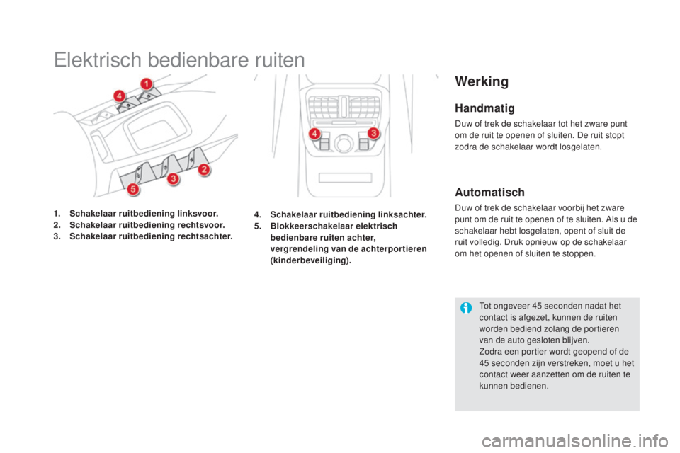 CITROEN DS5 2016 Instructieboekjes (in Dutch) DS5_nl_Chap02_ouvertures_ed02-2015
Elektrisch bedienbare ruiten
1. Schakelaar ruitbediening linksvoor.
2. Schakelaar ruitbediening rechtsvoor.
3.
S
chakelaar ruitbediening rechtsachter.
Werking
Hand CITROEN DS5 2016 Instructieboekjes (in Dutch) DS5_nl_Chap02_ouvertures_ed02-2015
Elektrisch bedienbare ruiten
1. Schakelaar ruitbediening linksvoor.
2. Schakelaar ruitbediening rechtsvoor.
3.
S
chakelaar ruitbediening rechtsachter.
Werking
Hand