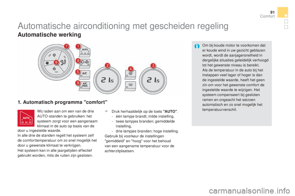 CITROEN DS5 2016  Instructieboekjes (in Dutch) 91
DS5_nl_Chap03_confort_ed02-2015
Automatische airconditioning met gescheiden regeling
1. Automatisch programma "comfort"
Wij raden aan om een van de drie 
AUTO-standen te gebruiken: het 
sys