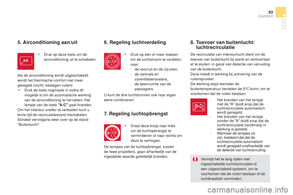 CITROEN DS5 2016  Instructieboekjes (in Dutch) 93
DS5_nl_Chap03_confort_ed02-2015
5. Airconditioning aan/uit
F Druk op deze toets om de airconditioning uit te schakelen.
Als de airconditioning wordt uitgeschakeld, 
wordt het thermische comfort nie