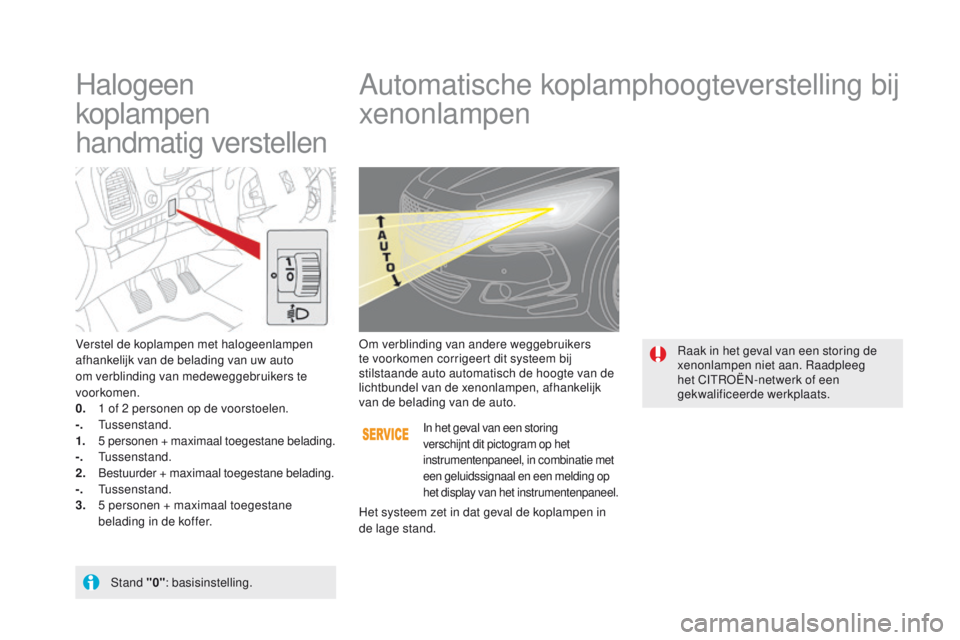 CITROEN DS5 2015  Instructieboekjes (in Dutch) DS5_nl_Chap05_visibilite_ed01-2015
Halogeen  
koplampen 
handmatig verstellen Automatische koplamphoogteverstelling bij 
xenonlampen
Verstel de koplampen met halogeenlampen 
afhankelijk van de beladin