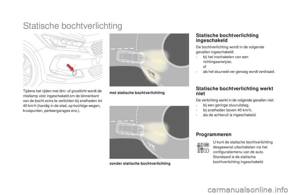 CITROEN DS5 2015  Instructieboekjes (in Dutch) DS5_nl_Chap05_visibilite_ed01-2015
Statische bochtverlichting
Tijdens het rijden met dim- of grootlicht wordt de 
mistlamp vóór ingeschakeld om de binnenkant 
van de bocht extra te verlichten bij sn