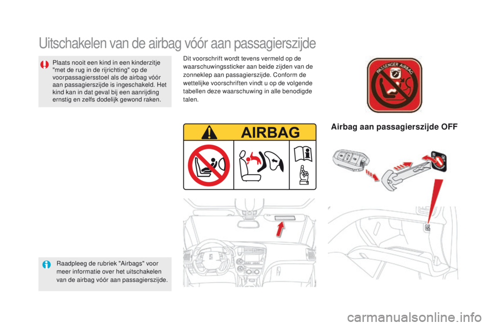 CITROEN DS5 2015 Instructieboekjes (in Dutch) DS5_nl_Chap06_securite-enfants_ed01-2015
Uitschakelen van de airbag vóór aan passagierszijde
Raadpleeg de rubriek "Airbags" voor
meer informatie over het uitschakelen
van de airbag vóór CITROEN DS5 2015 Instructieboekjes (in Dutch) DS5_nl_Chap06_securite-enfants_ed01-2015
Uitschakelen van de airbag vóór aan passagierszijde
Raadpleeg de rubriek "Airbags" voor
meer informatie over het uitschakelen
van de airbag vóór
