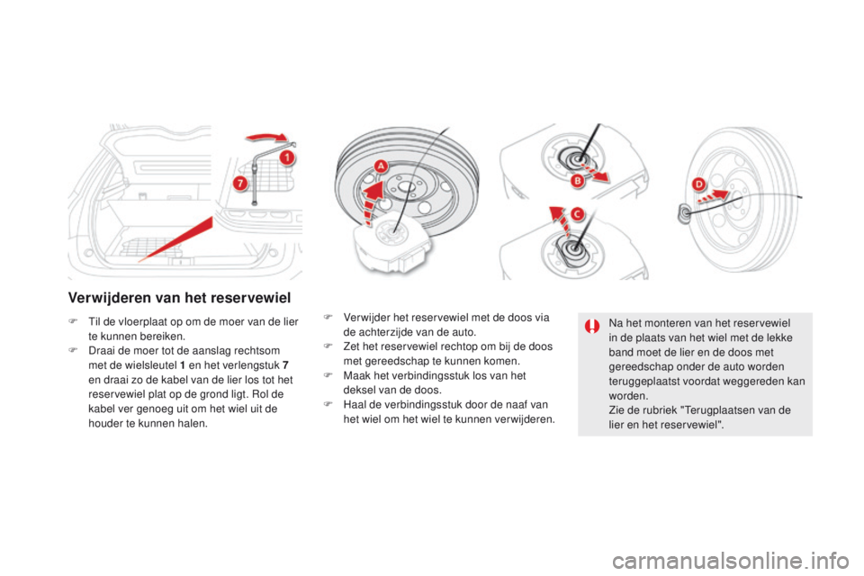 CITROEN DS5 2015 Instructieboekjes (in Dutch) DS5_nl_Chap08_info-pratiques_ed01-2015
Verwijderen van het reservewiel
F Til de vloerplaat op om de moer van de lier
te kunnen bereiken.
F
Dr
aai de moer tot de aanslag rechtsom
met de wielsleutel CITROEN DS5 2015 Instructieboekjes (in Dutch) DS5_nl_Chap08_info-pratiques_ed01-2015
Verwijderen van het reservewiel
F Til de vloerplaat op om de moer van de lier
te kunnen bereiken.
F
Dr
aai de moer tot de aanslag rechtsom
met de wielsleutel