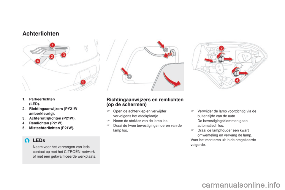 CITROEN DS5 2015 Instructieboekjes (in Dutch) DS5_nl_Chap08_info-pratiques_ed01-2015
1. Parkeerlichten (LE
D).
2.
Rich
tingaanwijzers (PY21W
amberkleurig).
3.
Ac
hteruitrijlichten (P21W).
4.
Re
mlichten (P21W).
5.
Mi
stachterlichten (P2 CITROEN DS5 2015 Instructieboekjes (in Dutch) DS5_nl_Chap08_info-pratiques_ed01-2015
1. Parkeerlichten (LE
D).
2.
Rich
tingaanwijzers (PY21W
amberkleurig).
3.
Ac
hteruitrijlichten (P21W).
4.
Re
mlichten (P21W).
5.
Mi
stachterlichten (P2