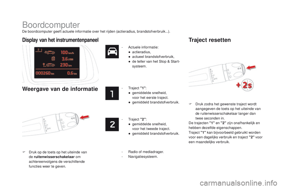 CITROEN DS5 2015 Instructieboekjes (in Dutch) DS5_nl_Chap01_controle-de-marche_ed01-2015
Boordcomputer
De boordcomputer geeft actuele informatie over het rijden (actieradius, brandstofverbruik...).F
Dr
uk zodra het gewenste traject wordt
aange CITROEN DS5 2015 Instructieboekjes (in Dutch) DS5_nl_Chap01_controle-de-marche_ed01-2015
Boordcomputer
De boordcomputer geeft actuele informatie over het rijden (actieradius, brandstofverbruik...).F
Dr
uk zodra het gewenste traject wordt
aange