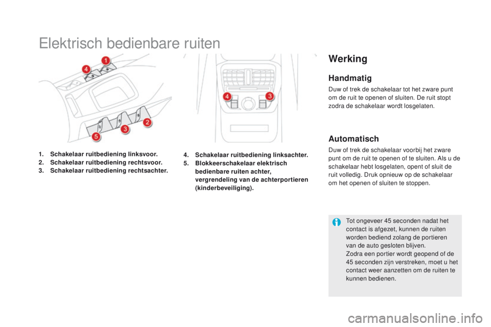 CITROEN DS5 2015  Instructieboekjes (in Dutch) DS5_nl_Chap02_ouvertures_ed01-2015
Elektrisch bedienbare ruiten
1. Schakelaar ruitbediening linksvoor.
2. Sch akelaar ruitbediening rechtsvoor.
3.
 Sch

akelaar ruitbediening rechtsachter.
Werking
Han