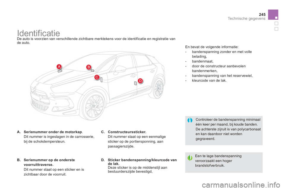 CITROEN DS5 2013 Instructieboekjes (in Dutch) 245
Technische gegevens
Identificatie De auto is voorzien van verschillende zichtbare merktekens voor de identificatie en registratie vande auto.
A.Seri CITROEN DS5 2013 Instructieboekjes (in Dutch) 245
Technische gegevens
Identificatie De auto is voorzien van verschillende zichtbare merktekens voor de identificatie en registratie vande auto.
A.Seri