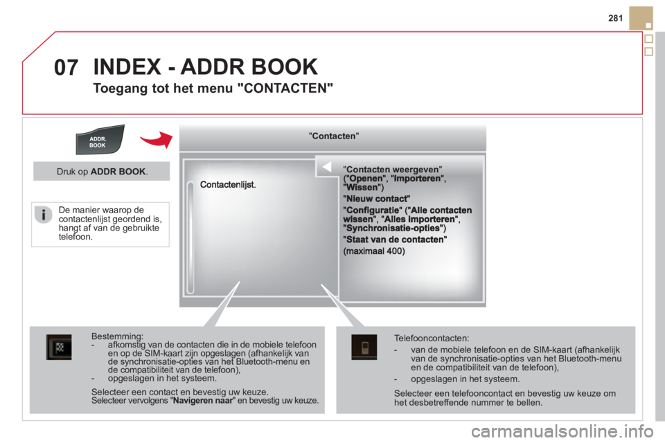 CITROEN DS5 2013 Instructieboekjes (in Dutch) 07
281
INDEX - ADDR BOOK
Toegang tot het menu "CONTACTEN"
""""""""""gggggggCo tacte ee ge eContacten weergevenContacten weergevenContacten weergevenContacten weergevenContacten weergevenContact CITROEN DS5 2013 Instructieboekjes (in Dutch) 07
281
INDEX - ADDR BOOK
Toegang tot het menu "CONTACTEN"
""""""""""gggggggCo tacte ee ge eContacten weergevenContacten weergevenContacten weergevenContacten weergevenContacten weergevenContact