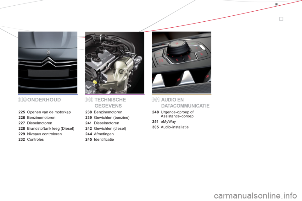 CITROEN DS5 2013  Instructieboekjes (in Dutch) 009009010010011011ONDERHOUD TECHNISCHE 
GEGEVENSAUDIO EN 
DATACOMMUNICATIE
225 Openen van de motorkap
226 Benzinemotoren
227 Dieselmotoren
228Brandstoftank leeg (Diesel)
229Niveaus controleren
232 Con