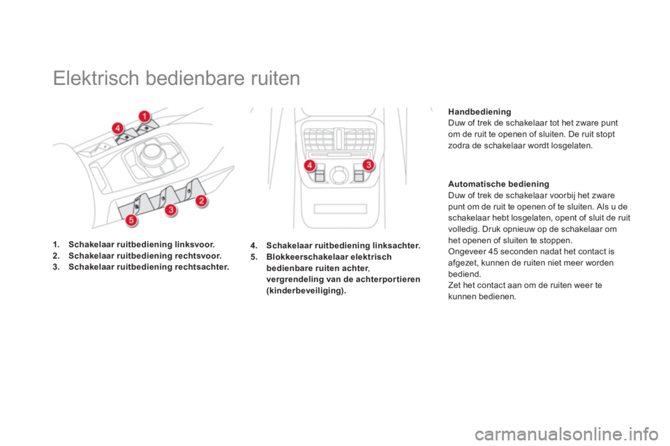 CITROEN DS5 2013  Instructieboekjes (in Dutch)    
 
 
 
 
Elektrisch bedienbare ruiten 
1.Schakelaar ruitbedieninglinksvoor.2.Schakelaar ruitbedieningrechtsvoor.3.Schakelaar ruitbedieningrechtsachter.
Handbediening 
Duw of trek de schakelaar tot 