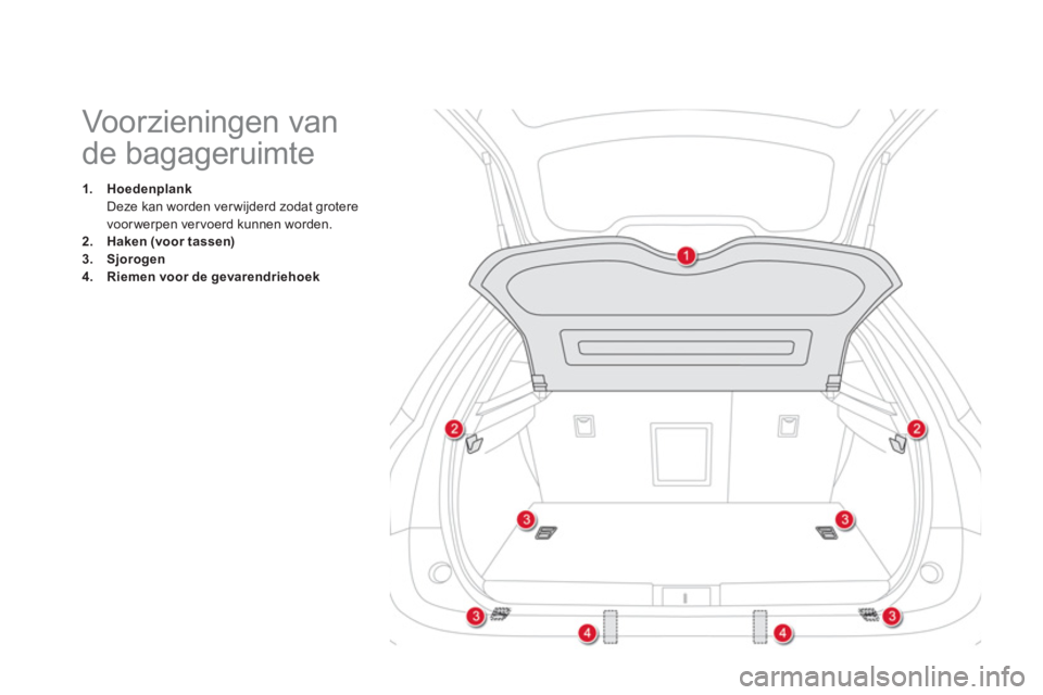 CITROEN DS5 2013  Instructieboekjes (in Dutch)    
 
 
 
 
 
 
 
 
 
 
 
 
Voorzieningen van 
de bagageruimte 
1.HoedenplankDeze kan worden verwijderd zodat grotere 
voor werpen vervoerd kunnen worden. 2.Haken (voor tassen)3.Sjorogen4.Riemen voor 