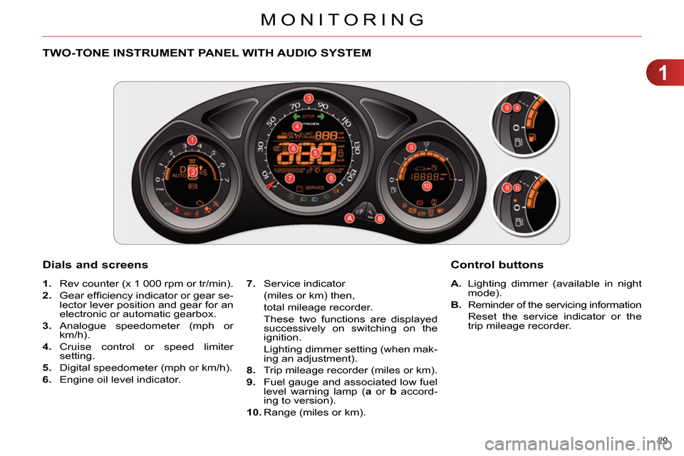 Citroen C4 RHD 2014 2.G Owners Guide 1
MONITORING
29 
   
 
 
 
 
 
 
 
 
 
 
 
TWO-TONE INSTRUMENT PANEL WITH AUDIO SYSTEM 
   
Dials and screens 
 
 
 
A. 
  Lighting dimmer (available in night 
mode). 
   
B. 
  Reminder of the servic