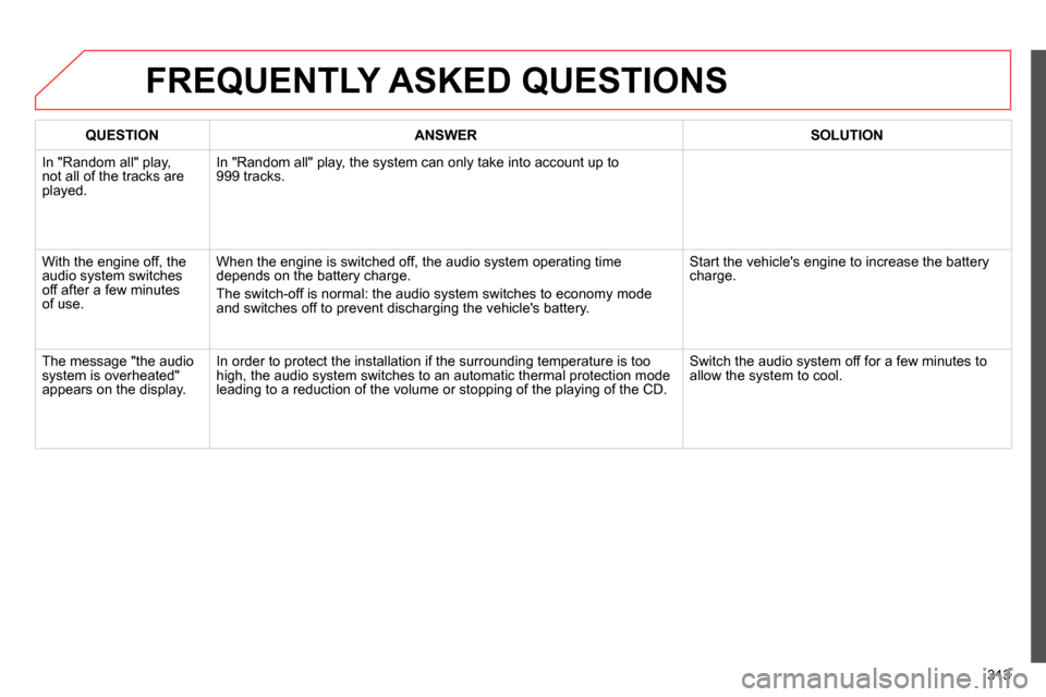 Citroen C4 RHD 2014 2.G Owners Manual 313
FREQUENTLY ASKED QUESTIONS
QUESTION
ANSWER
SOLUTION
In "Random all" play,
not all of the tracks are
played. In "Random all" play, the system can only take int Citroen C4 RHD 2014 2.G Owners Manual 313
FREQUENTLY ASKED QUESTIONS
QUESTION
ANSWER
SOLUTION
In "Random all" play,
not all of the tracks are
played. In "Random all" play, the system can only take int
