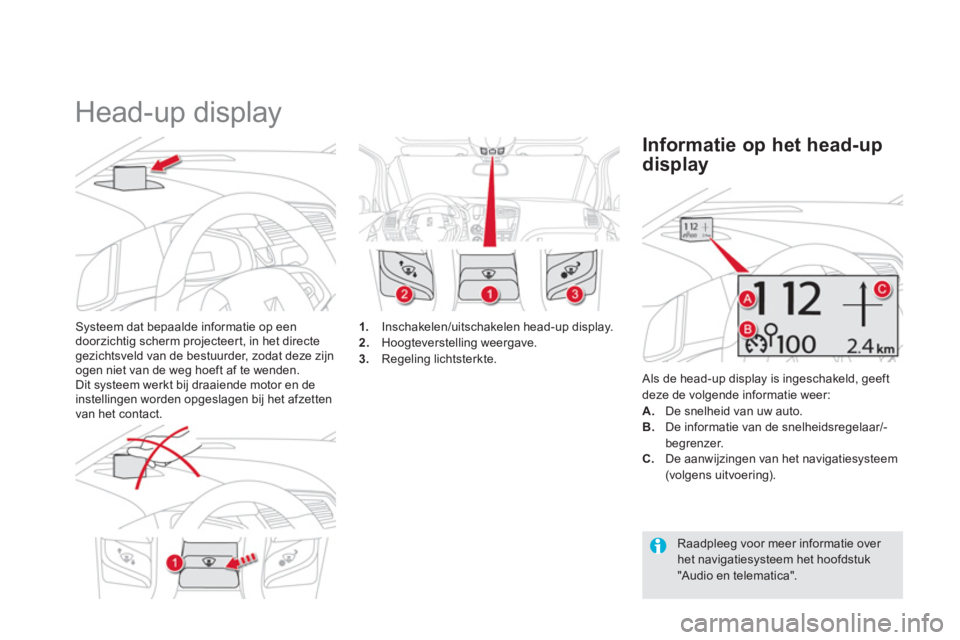 CITROEN DS5 2012  Instructieboekjes (in Dutch)    
 
 
 
 
Head-up display 
Systeem dat bepaalde informatie op een
doorzichtig scherm projecteer t, in het directegezichtsveld van de bestuurder, zodat deze zijn 
ogen niet van de weg hoeft af te wen