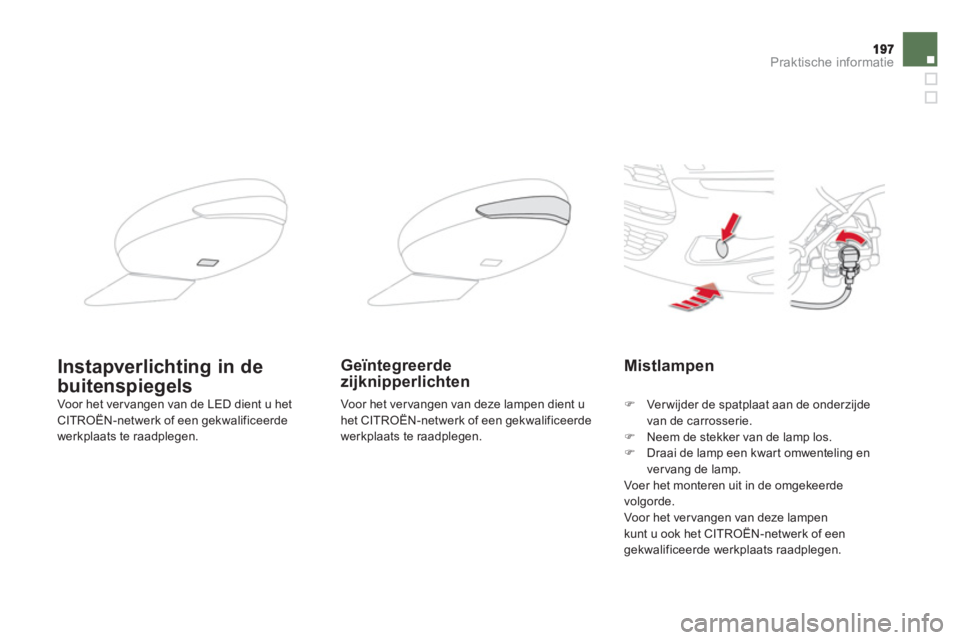 CITROEN DS5 2012  Instructieboekjes (in Dutch) Praktische informatie
Mistlampen 
�)   Verwijder de spatplaat aan de onderzijde 
van de carrosserie. �)   Neem de stekker van de lamp los.�) 
  Draai de lamp een kwart omwenteling en
ver vang de lamp.