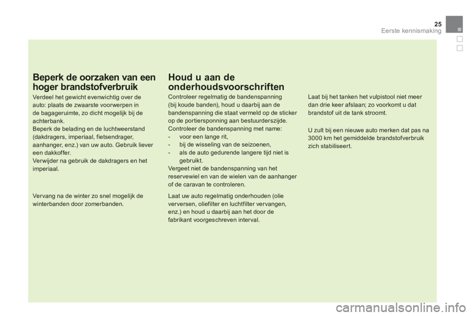 CITROEN DS5 2012 Instructieboekjes (in Dutch) 25
Eerste kennismaking
Beperk de oorzaken van een
hoger brandstofverbruik
Verdeel het gewicht evenwichtig over de auto: plaats de zwaarste voor werpen inde bagageruimte, zo dicht mogelijk bij de ach CITROEN DS5 2012 Instructieboekjes (in Dutch) 25
Eerste kennismaking
Beperk de oorzaken van een
hoger brandstofverbruik
Verdeel het gewicht evenwichtig over de auto: plaats de zwaarste voor werpen inde bagageruimte, zo dicht mogelijk bij de ach
