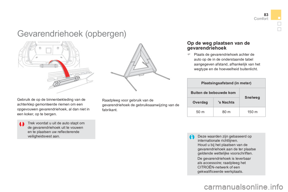 CITROEN DS5 2012  Instructieboekjes (in Dutch) 83Comfort
   
 
 
 
 
 
 
 
 
 
Gevarendriehoek (opbergen) 
 
 Trek voordat u uit de auto stapt om de gevarendriehoek uit te vouwen en te plaatsen uw reflecterendeveiligheidsvest aan.Raadplee
g voor g