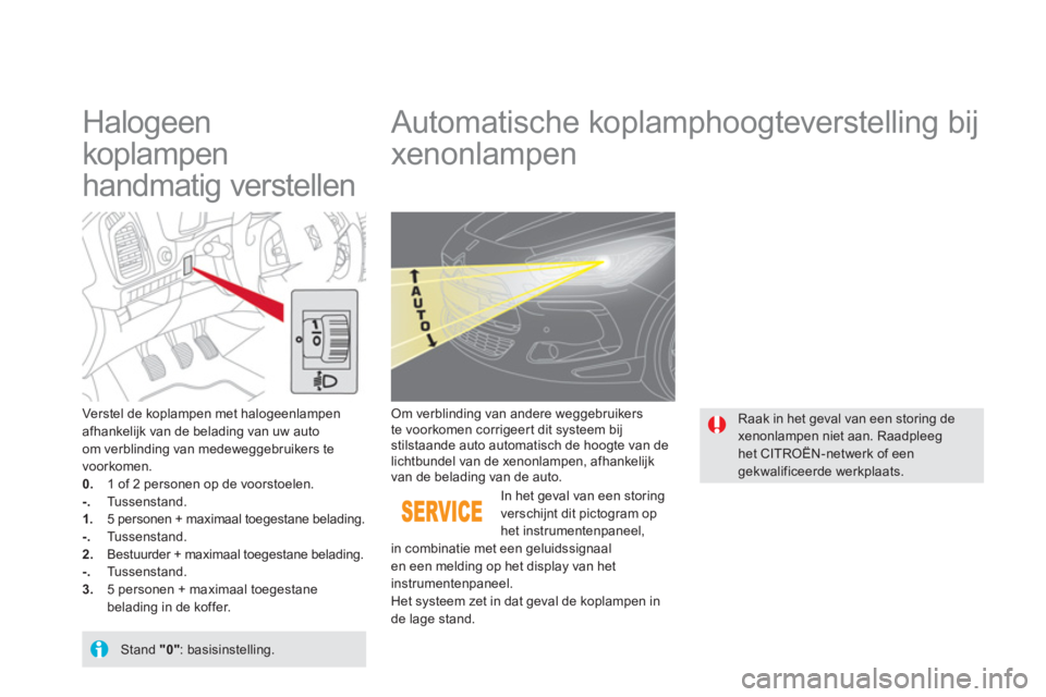 CITROEN DS5 2011 Instructieboekjes (in Dutch)
Halogeen
koplampen
handmatig verstellen
Automatische koplamphoogteverstelling bij
xenonlampen
Verstel de koplampen met halogeenlampen afhankelijk van de belading van uw CITROEN DS5 2011 Instructieboekjes (in Dutch)
Halogeen
koplampen
handmatig verstellen
Automatische koplamphoogteverstelling bij
xenonlampen
Verstel de koplampen met halogeenlampen afhankelijk van de belading van uw