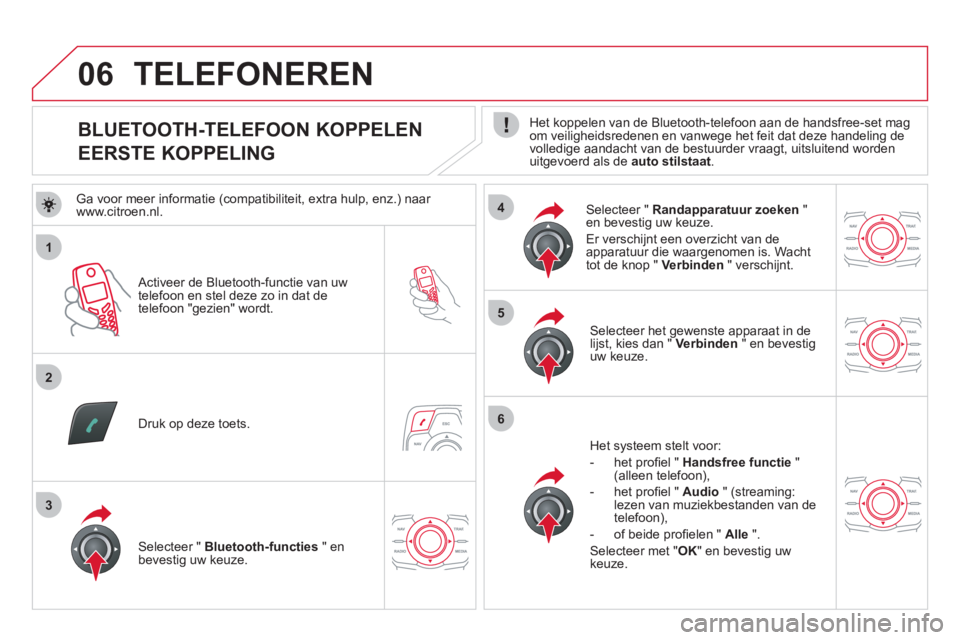 CITROEN DS5 2011  Instructieboekjes (in Dutch) 1
2
5
6
3
4
06
   
 
 
 
 
 
 
 
 
 
 
 
 
 
 
BLUETOOTH-TELEFOON KOPPELEN  
EERSTE KOPPELING    
Het koppelen van de Bluetooth-telefoon aan de handsfree-set mag om veiligheidsredenen en vanwege het f