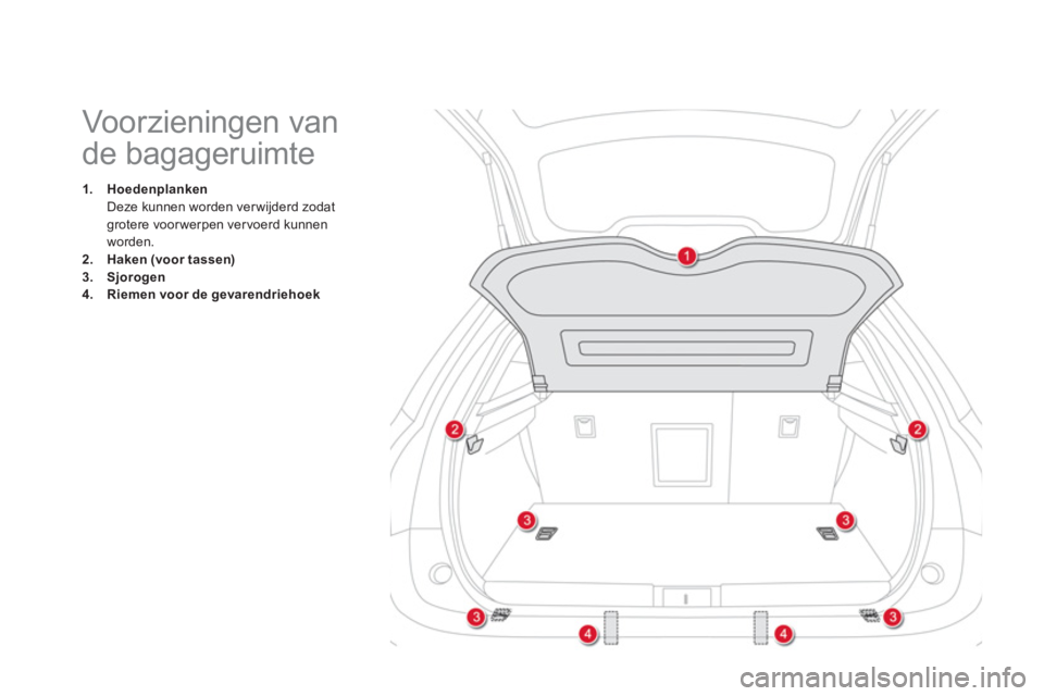 CITROEN DS5 2011  Instructieboekjes (in Dutch)    
 
 
 
 
 
 
 
 
 
 
 
 
Voorzieningen van 
de bagageruimte 
1.HoedenplankenDeze kunnen worden verwijderd zodatgrotere voorwerpen vervoerd kunnen 
worden. 2.Haken (voor tassen)3.Sjorogen4.Riemen vo