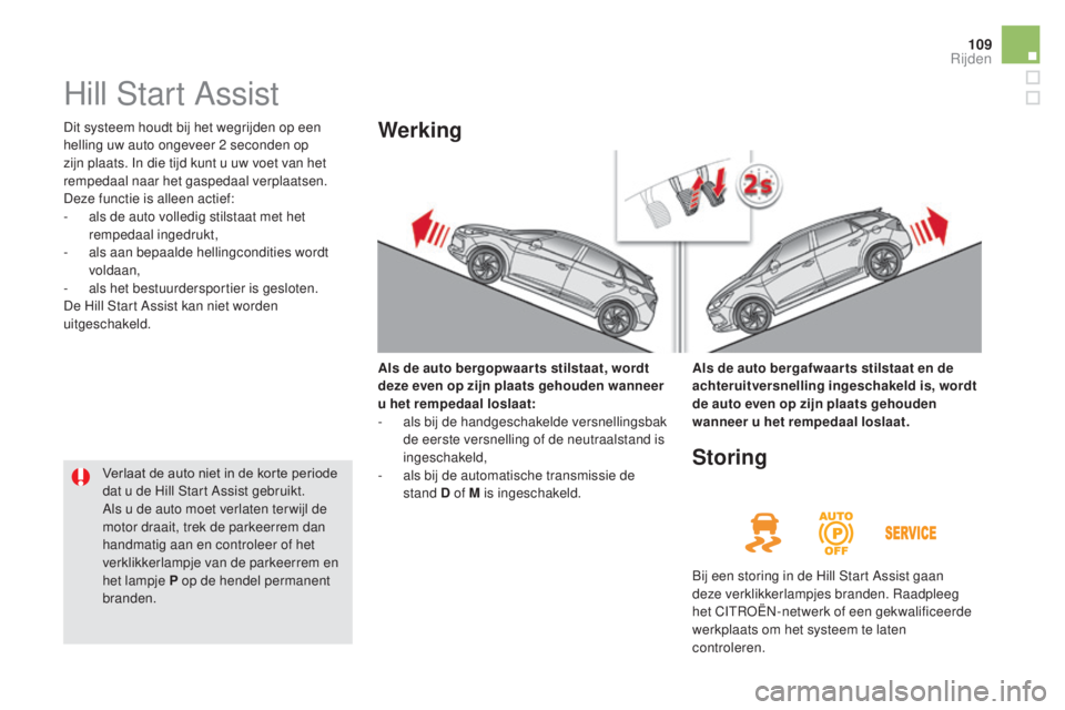 CITROEN DS5 HYBRID 2016 Instructieboekjes (in Dutch) 109
DS5_nl_Chap04_conduite_ed02-2015
Hill Start Assist
Dit systeem houdt bij het wegrijden op een
helling uw auto ongeveer 2 seconden op
zijn plaats. In die tijd kunt u uw voet van het
rempedaal n CITROEN DS5 HYBRID 2016 Instructieboekjes (in Dutch) 109
DS5_nl_Chap04_conduite_ed02-2015
Hill Start Assist
Dit systeem houdt bij het wegrijden op een
helling uw auto ongeveer 2 seconden op
zijn plaats. In die tijd kunt u uw voet van het
rempedaal n