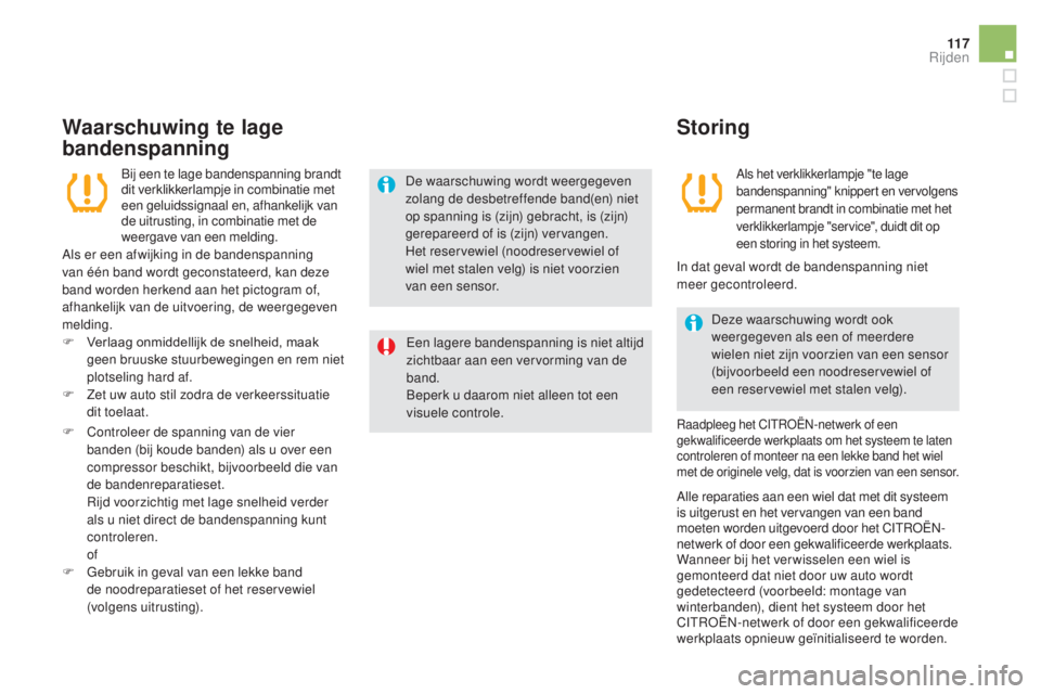 CITROEN DS5 HYBRID 2016  Instructieboekjes (in Dutch) 11 7
DS5_nl_Chap04_conduite_ed02-2015
Waarschuwing te lage 
bandenspanning
Bij een te lage bandenspanning brandt 
dit verklikkerlampje in combinatie met 
een geluidssignaal en, afhankelijk van 
de uit