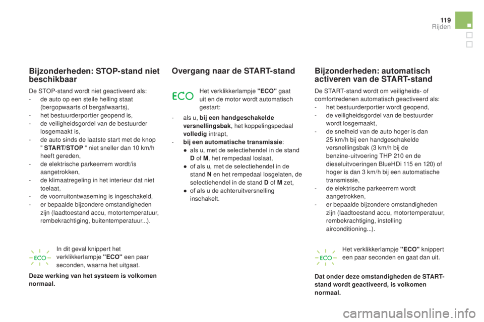 CITROEN DS5 HYBRID 2016  Instructieboekjes (in Dutch) 11 9
DS5_nl_Chap04_conduite_ed02-2015
Bijzonderheden: STOP-stand niet 
beschikbaar
De STOP-stand wordt niet geactiveerd als:
- d e auto op een steile helling staat 
(bergopwaarts of bergafwaarts),
-
 