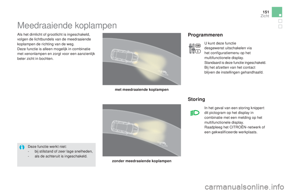 CITROEN DS5 HYBRID 2016 Instructieboekjes (in Dutch) 151
DS5_nl_Chap05_visibilite_ed02-2015
Als het dimlicht of grootlicht is ingeschakeld,
volgen de lichtbundels van de meedraaiende
koplampen de richting van de weg.
Deze functie is alleen mogelijk in CITROEN DS5 HYBRID 2016 Instructieboekjes (in Dutch) 151
DS5_nl_Chap05_visibilite_ed02-2015
Als het dimlicht of grootlicht is ingeschakeld,
volgen de lichtbundels van de meedraaiende
koplampen de richting van de weg.
Deze functie is alleen mogelijk in