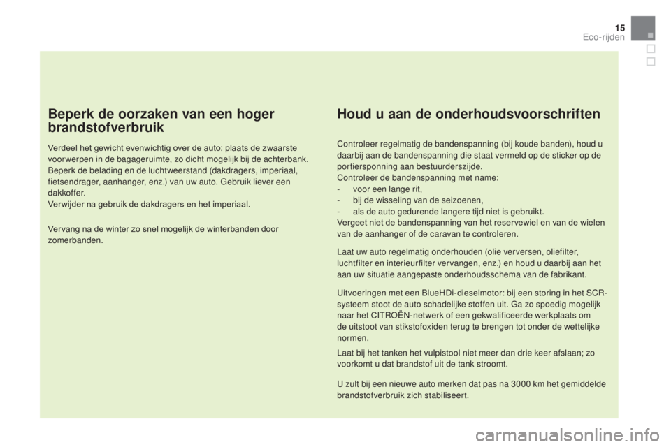 CITROEN DS5 HYBRID 2016  Instructieboekjes (in Dutch) 15
DS5_nl_Chap00c_eco-conduite_ed02-2015
Beperk de oorzaken van een hoger 
brandstofverbruik
Verdeel het gewicht evenwichtig over de auto: plaats de zwaarste 
voor werpen in de bagageruimte, zo dicht 