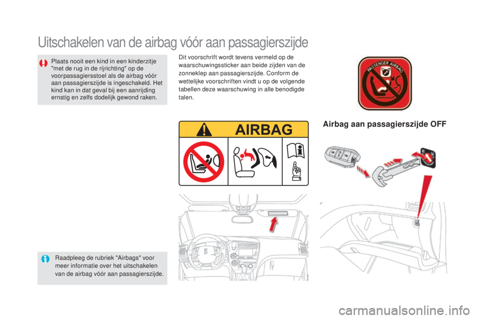 CITROEN DS5 HYBRID 2016  Instructieboekjes (in Dutch) DS5_nl_Chap06_securite-enfants_ed02-2015
Uitschakelen van de airbag vóór aan passagierszijde
Raadpleeg de rubriek "Airbags" voor 
meer informatie over het uitschakelen 
van de airbag vóór 