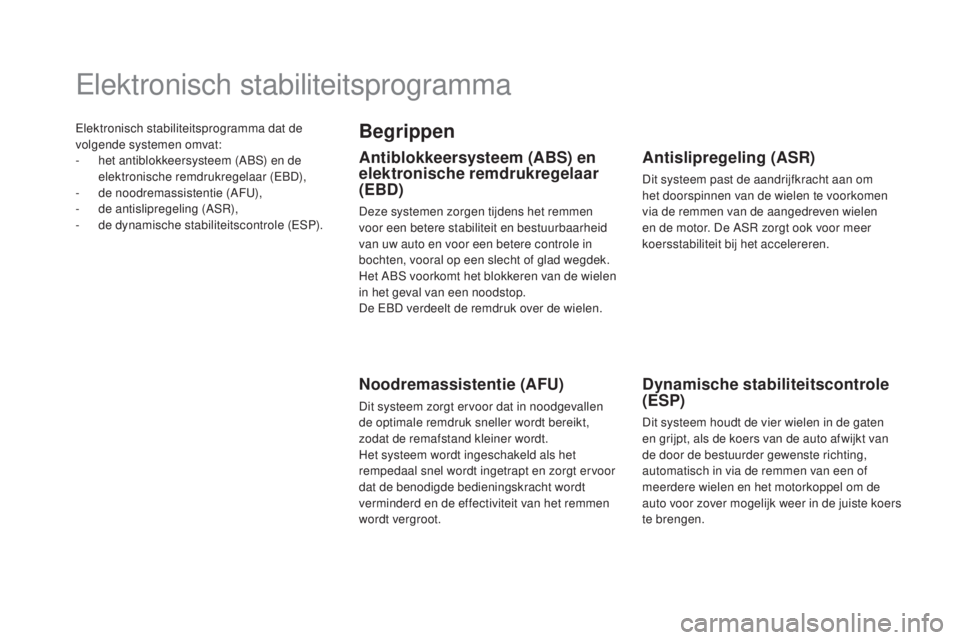 CITROEN DS5 HYBRID 2016 Instructieboekjes (in Dutch) Elektronisch stabiliteitsprogramma dat de
volgende systemen omvat:
-
h
et antiblokkeersysteem (ABS) en de
elektronische remdrukregelaar (EBD),
-
d
e noodremassistentie (AFU),
-
d
e antislipre CITROEN DS5 HYBRID 2016 Instructieboekjes (in Dutch) Elektronisch stabiliteitsprogramma dat de
volgende systemen omvat:
-
h
et antiblokkeersysteem (ABS) en de
elektronische remdrukregelaar (EBD),
-
d
e noodremassistentie (AFU),
-
d
e antislipre