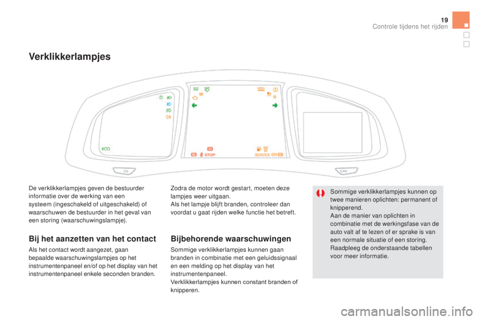 CITROEN DS5 HYBRID 2016  Instructieboekjes (in Dutch) 19
Verklikkerlampjes
Zodra de motor wordt gestart, moeten deze 
lampjes weer uitgaan.
Als het lampje blijft branden, controleer dan 
voordat u gaat rijden welke functie het betreft.
Bijbehorende waars