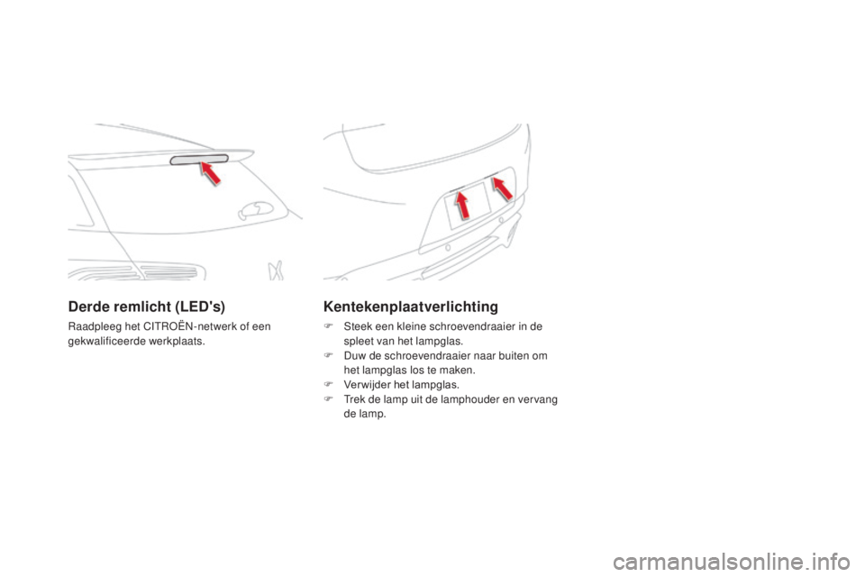 CITROEN DS5 HYBRID 2016  Instructieboekjes (in Dutch) DS5_nl_Chap08_info-pratiques_ed02-2015
Kentekenplaatverlichting
F Steek een kleine schroevendraaier in de spleet van het lampglas.
F
 
D
 uw de schroevendraaier naar buiten om 
het lampglas los te mak
