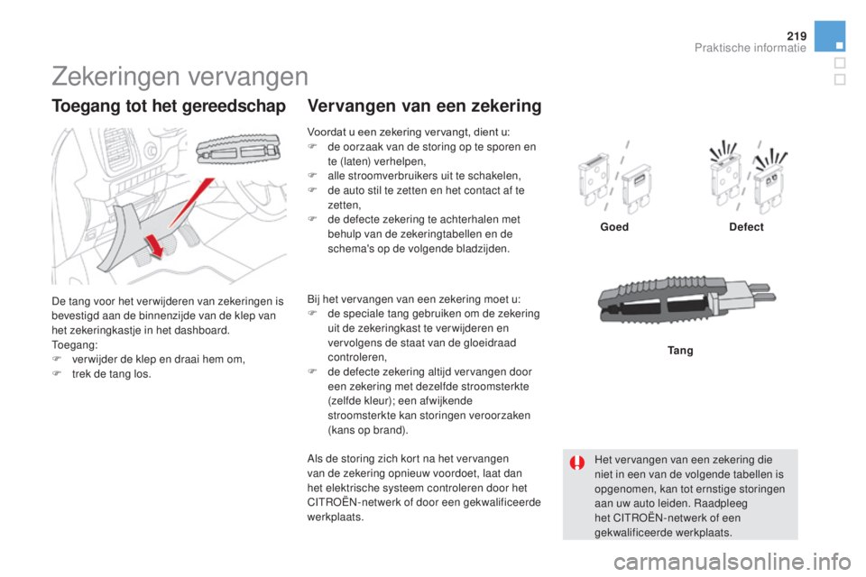 CITROEN DS5 HYBRID 2016 Instructieboekjes (in Dutch) 219
DS5_nl_Chap08_info-pratiques_ed02-2015
Zekeringen vervangen
De tang voor het verwijderen van zekeringen is
bevestigd aan de binnenzijde van de klep van
het zekeringkastje in het dashboard.
Toega CITROEN DS5 HYBRID 2016 Instructieboekjes (in Dutch) 219
DS5_nl_Chap08_info-pratiques_ed02-2015
Zekeringen vervangen
De tang voor het verwijderen van zekeringen is
bevestigd aan de binnenzijde van de klep van
het zekeringkastje in het dashboard.
Toega
