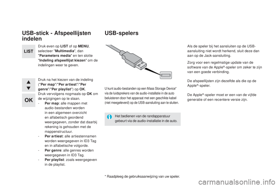 CITROEN DS5 HYBRID 2016  Instructieboekjes (in Dutch) DS5_nl_Chap11d_RD5_ed02-2015
USB-stick - Afspeellijsten 
indelen
Druk even op LIST of op MENU, 
selecteer " Multimedia ", dan  
" Parameters media " en ten slotte  
" Indeling afsp