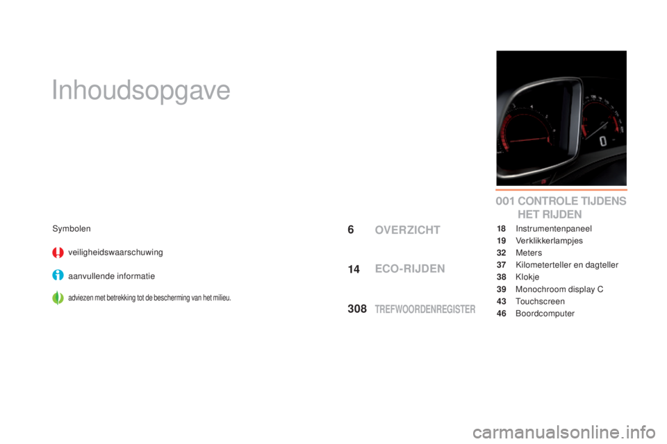 CITROEN DS5 HYBRID 2016  Instructieboekjes (in Dutch) 0 01
DS5_nl_Chap00a_sommaire_ed02-2015
Inhoudsopgave
CONTROLE TIJDENS 
HET RIJDEN
Symbolenveiligheidswaarschuwing
aanvullende informatie
adviezen met betrekking tot de bescherming van het milieu.
18  