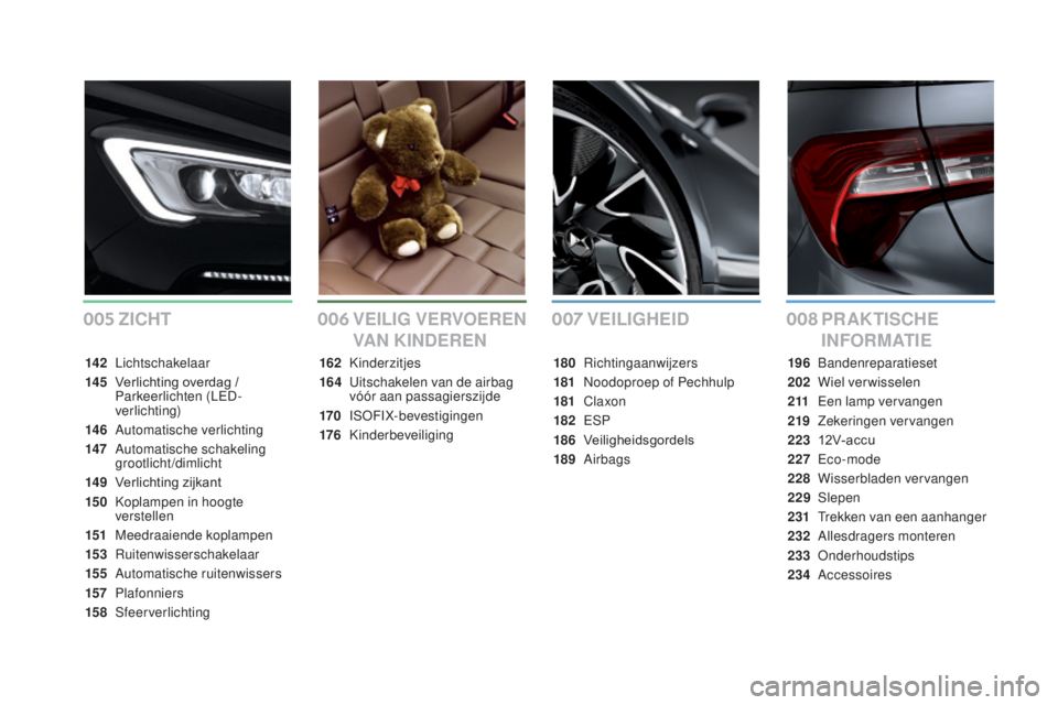 CITROEN DS5 HYBRID 2016  Instructieboekjes (in Dutch) 005006007008
DS5_nl_Chap00a_sommaire_ed02-2015
VEILIGHEID PRAKTISCHE 
INFORMATIE
VEILIG VERVOEREN 
VAN KINDEREN
ZICHT
142 
Lichtschakelaar
14 5
 V
 erlichting overdag / 
Parkeerlichten (LED-
verlichti