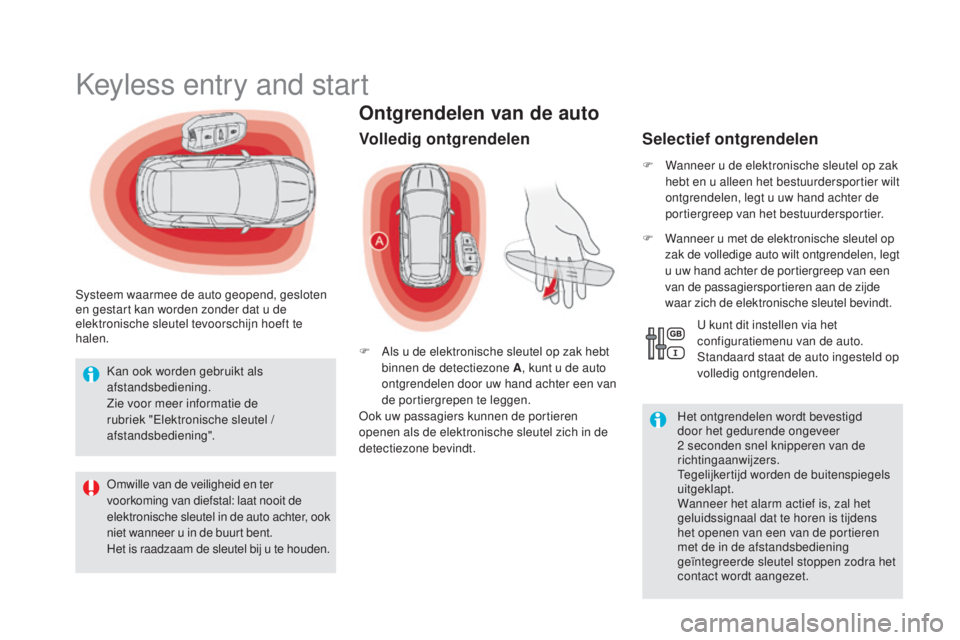 CITROEN DS5 HYBRID 2016  Instructieboekjes (in Dutch) DS5_nl_Chap02_ouvertures_ed02-2015
Ontgrendelen van de auto
Keyless entry and start
Systeem waarmee de auto geopend, gesloten 
en gestart kan worden zonder dat u de 
elektronische sleutel tevoorschijn