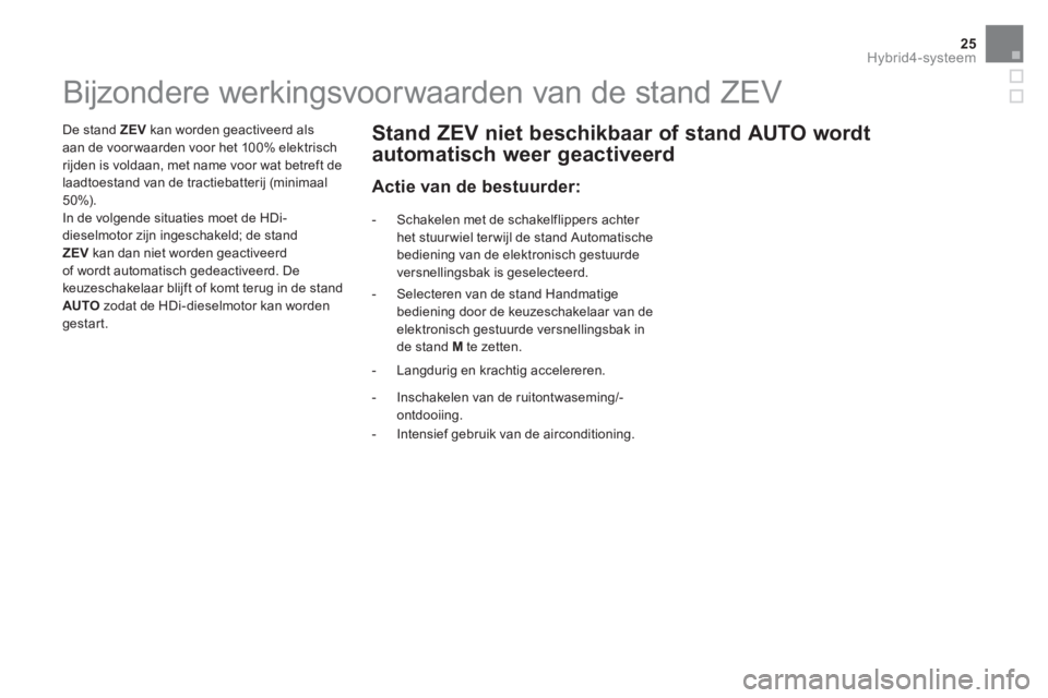 CITROEN DS5 HYBRID 2016  Instructieboekjes (in Dutch) 25Hybrid4-systeem
   
 
 
 
 
 
 
 
 
 
 
 
 
 
 
 
 
 
 
 
 
 
 
 
 
 
 
 
 
 
 
Bijzondere werkingsvoorwaarden van de stand ZEV  
 
 
De stand  ZEV 
 kan worden geactiveerd als 
aan de voor waarden 