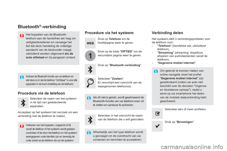 CITROEN DS5 HYBRID 2016 Instructieboekjes (in Dutch) 1
Bluetooth®-verbinding
Procedure via het systeem Verbinding delen
Druk op Telefoon om de hoofdpagina weer te geven.
Druk op " Bluetooth-verbinding ".
Selecteer " Z CITROEN DS5 HYBRID 2016 Instructieboekjes (in Dutch) 1
Bluetooth®-verbinding
Procedure via het systeem Verbinding delen
Druk op Telefoon om de hoofdpagina weer te geven.
Druk op " Bluetooth-verbinding ".
Selecteer " Z