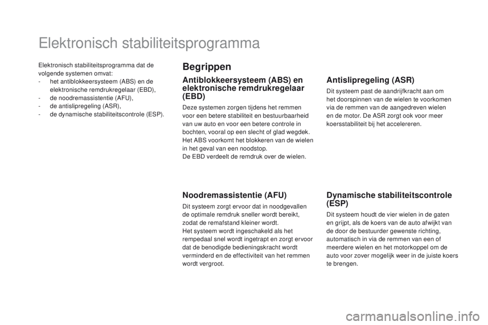 CITROEN DS5 HYBRID 2015 Instructieboekjes (in Dutch) Elektronisch stabiliteitsprogramma dat de
volgende systemen omvat:
-
he
t antiblokkeersysteem (ABS) en de
elektronische remdrukregelaar (EBD),
-
de
noodremassistentie (AFU),
-
de a
ntisliprege CITROEN DS5 HYBRID 2015 Instructieboekjes (in Dutch) Elektronisch stabiliteitsprogramma dat de
volgende systemen omvat:
-
he
t antiblokkeersysteem (ABS) en de
elektronische remdrukregelaar (EBD),
-
de
noodremassistentie (AFU),
-
de a
ntisliprege