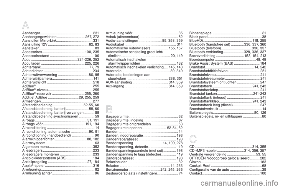 CITROEN DS5 HYBRID 2015 Instructieboekjes (in Dutch) DS5_nl_Chap12_index-recherche_ed01-2015
Aanhanger..................................................... 231
Aanhangergewichten ............................ 267
, 272
Aansluiten MirrorLink
............ CITROEN DS5 HYBRID 2015 Instructieboekjes (in Dutch) DS5_nl_Chap12_index-recherche_ed01-2015
Aanhanger..................................................... 231
Aanhangergewichten ............................ 267
, 272
Aansluiten MirrorLink
............