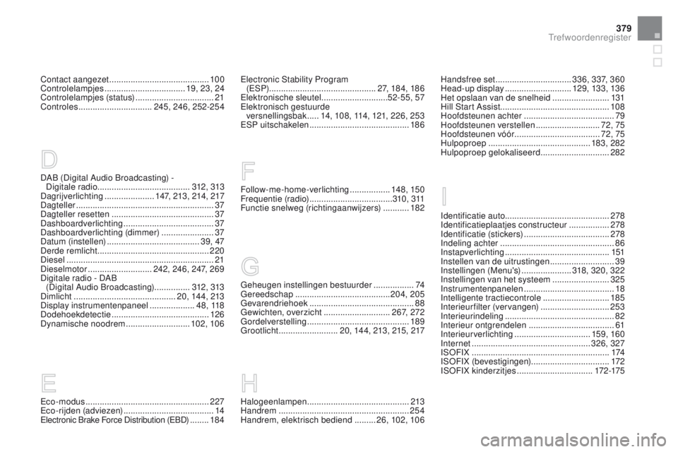 CITROEN DS5 HYBRID 2015 Instructieboekjes (in Dutch) 379
DS5_nl_Chap12_index-recherche_ed01-2015
Eco-modus ....................................................227
Eco-rijden (adviezen) ...................................... 14
E
lectronic Brake Force Di CITROEN DS5 HYBRID 2015 Instructieboekjes (in Dutch) 379
DS5_nl_Chap12_index-recherche_ed01-2015
Eco-modus ....................................................227
Eco-rijden (adviezen) ...................................... 14
E
lectronic Brake Force Di